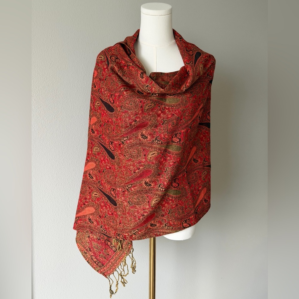 ALMHD Co Jerusalem Cashmere Red Paisley Fringe Shawl Wrap - Traditional Pattern